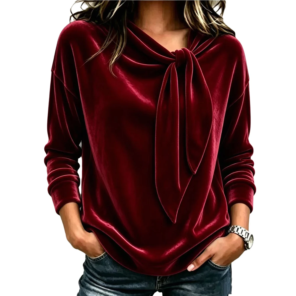 Women Autumn Winter Velvet T-Shirt Solid Color Bow Tie Neck Long Sleeve Elegant Shirt Casual Outfits Work Office Loose T Shirts