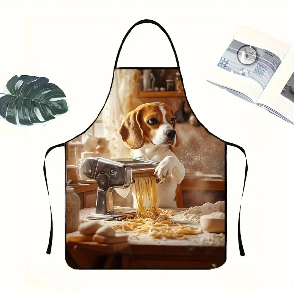Cute Beagle Dog Making Pasta Apron - Funny Animal Chef Graphic Linen Bib for Men Women Kitchen Cooking Baking Gift Decor