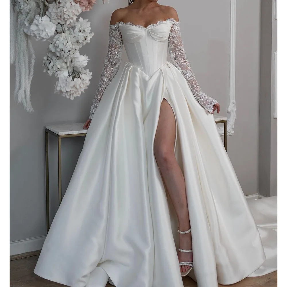 

White Satin Wedding Dresses for Elegant Princess Long Lace Sleeve Side Split Floor Length Formal Occasion Bridal Gowns Vestidos