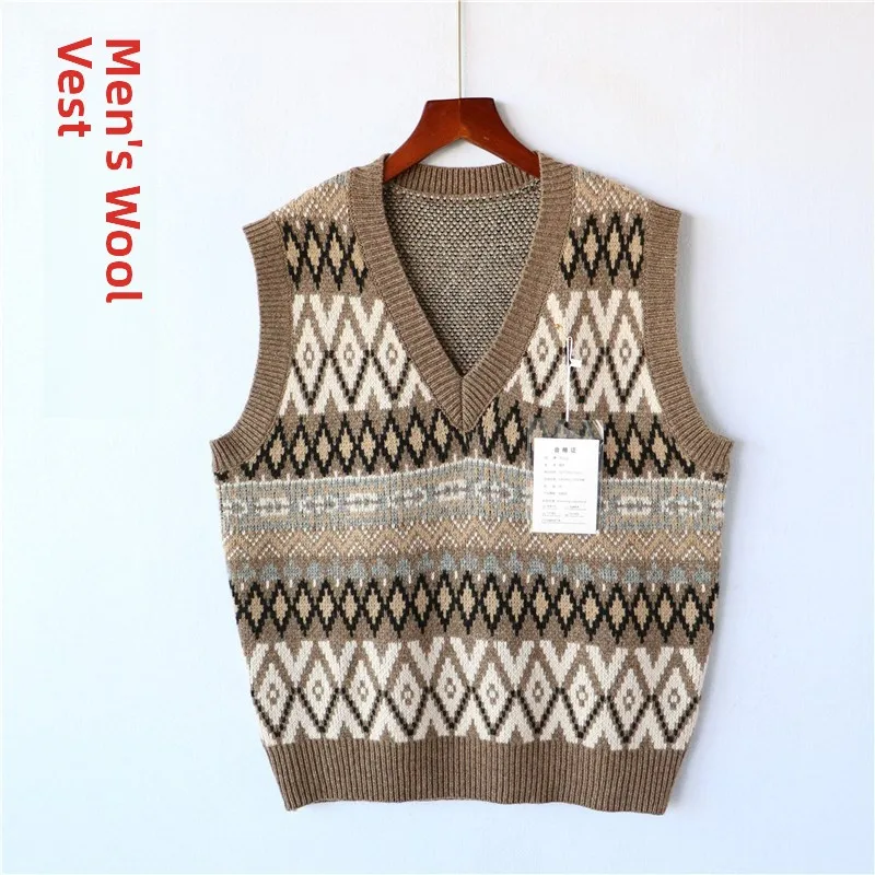 

Men's Knitted Wool Vest Thi Warm Plaid Print Outerwear Autumn Winter New Sle Busin Casual V-Ne Loose Fit Faion