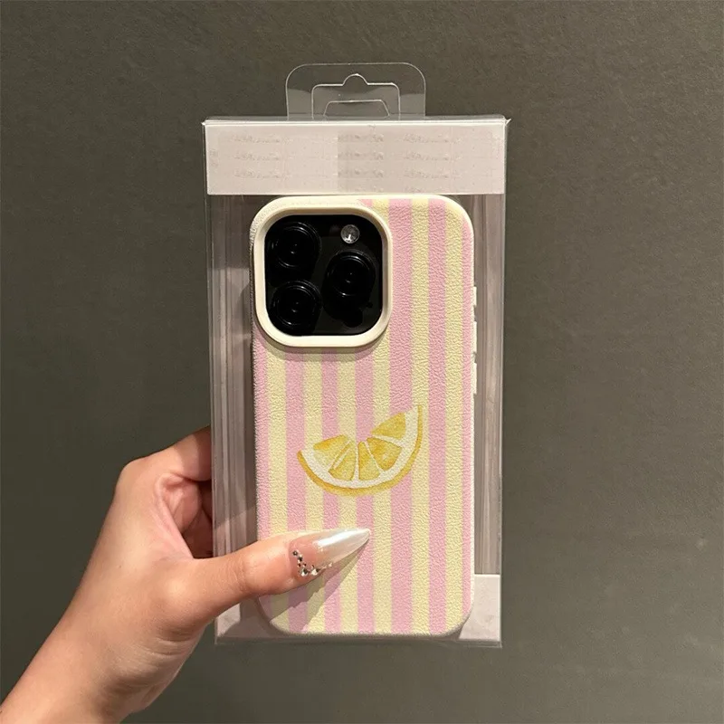 Vintage Striped Orange Pattern Lychee Texture Phone Case, Suitable for iPhone 17, 16, 15, Plus, Pro, Max Series Phones - Ideal for Gifting