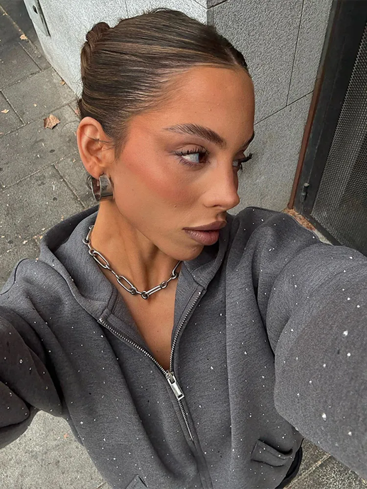 الخريف الشتاء حجر الراين مقنعين سترة تنورة مجموعات فاخرة فضفاضة قلنسوة بسحاب معطف تنورة صغيرة 2025 جديد سيدة حفلة Sweatsuits #4