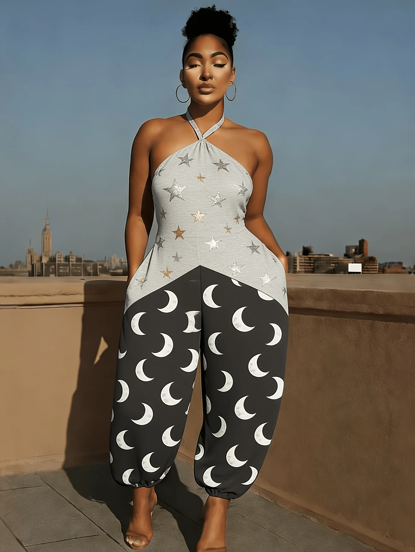 

Trendy Sweet Cool Women's Halter Jumpsuit Star Moon Print Color Block Sleeveless Loose Harem Pants with Pockets Summer Outfit