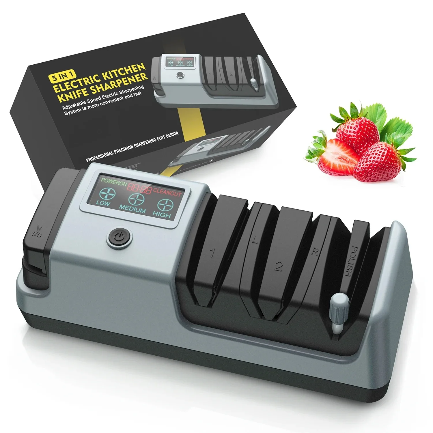 5 in 1 Electric Knife Sharpener-3 Rotational Speed Adjustable Electric Knife Sharpeners for Kitchen Knives with Digital Display