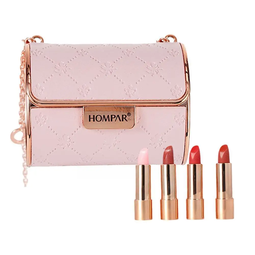 4 Pcs Set Matte Shimmering Velvet Lipstick Long Lasting Chain Set Bag Korean Engraved Fashion Lipstick Up Make C3D1