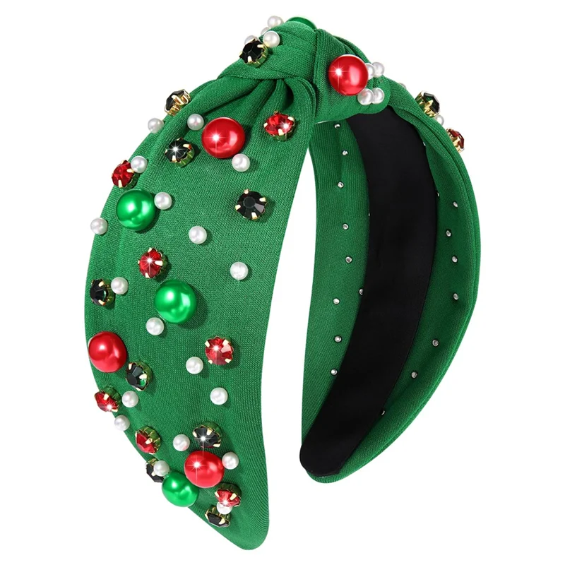 

Christmas Headband For Women Pearl Knotted Headband Xmas Red Green Pearl Rhinestone Crystal Jeweled Hairband Green
