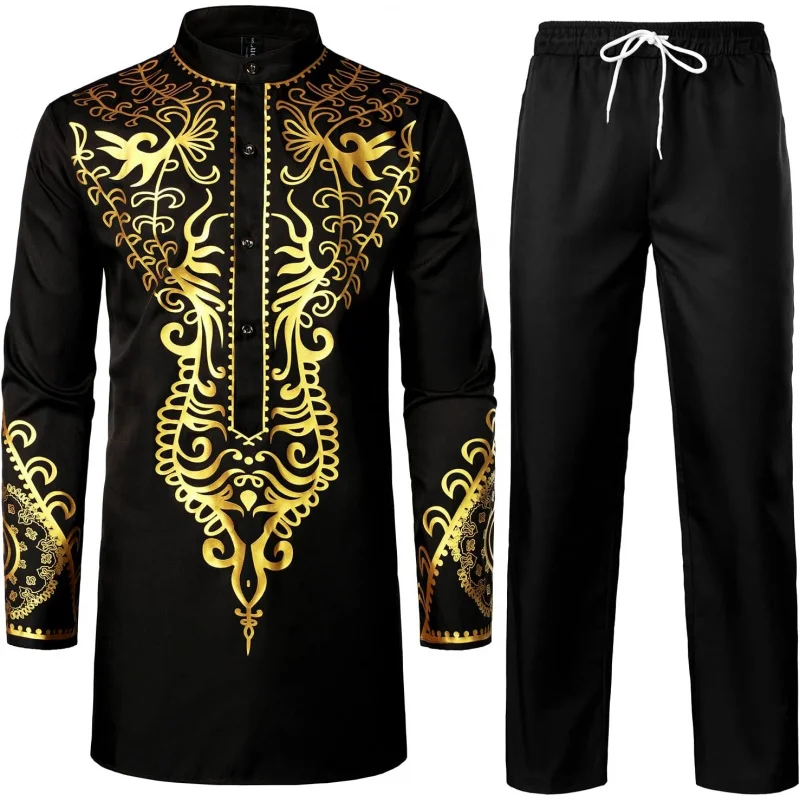 

Men's African Attire 2 Piece Set Gold Foil Print Mandarin Collar Long Sleeve Shirt and Pants Suit Dashiki Outfit