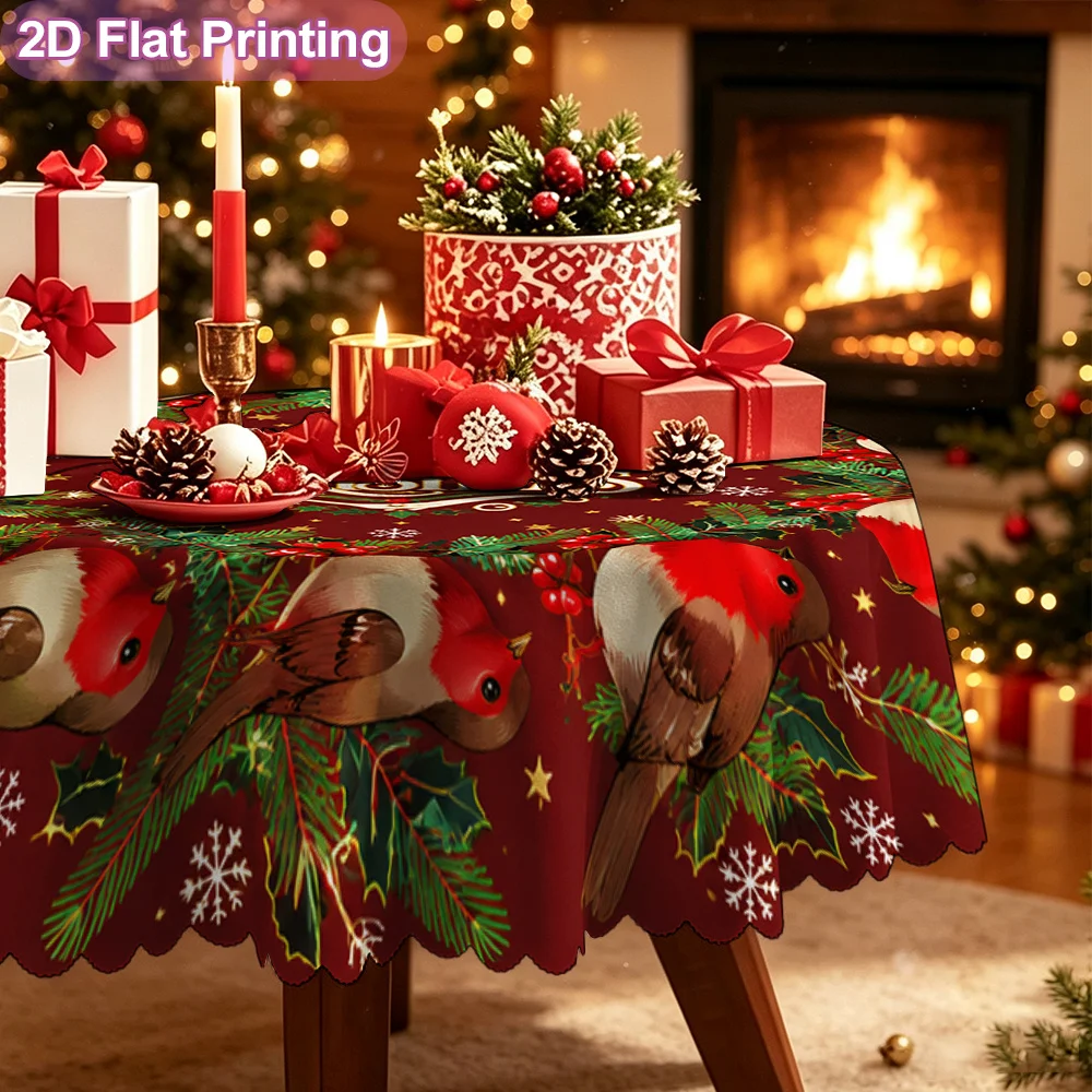 2D flat single tablecloth, elegant Christmas cardinal wreath pattern round tablecloth, Nordic modern style