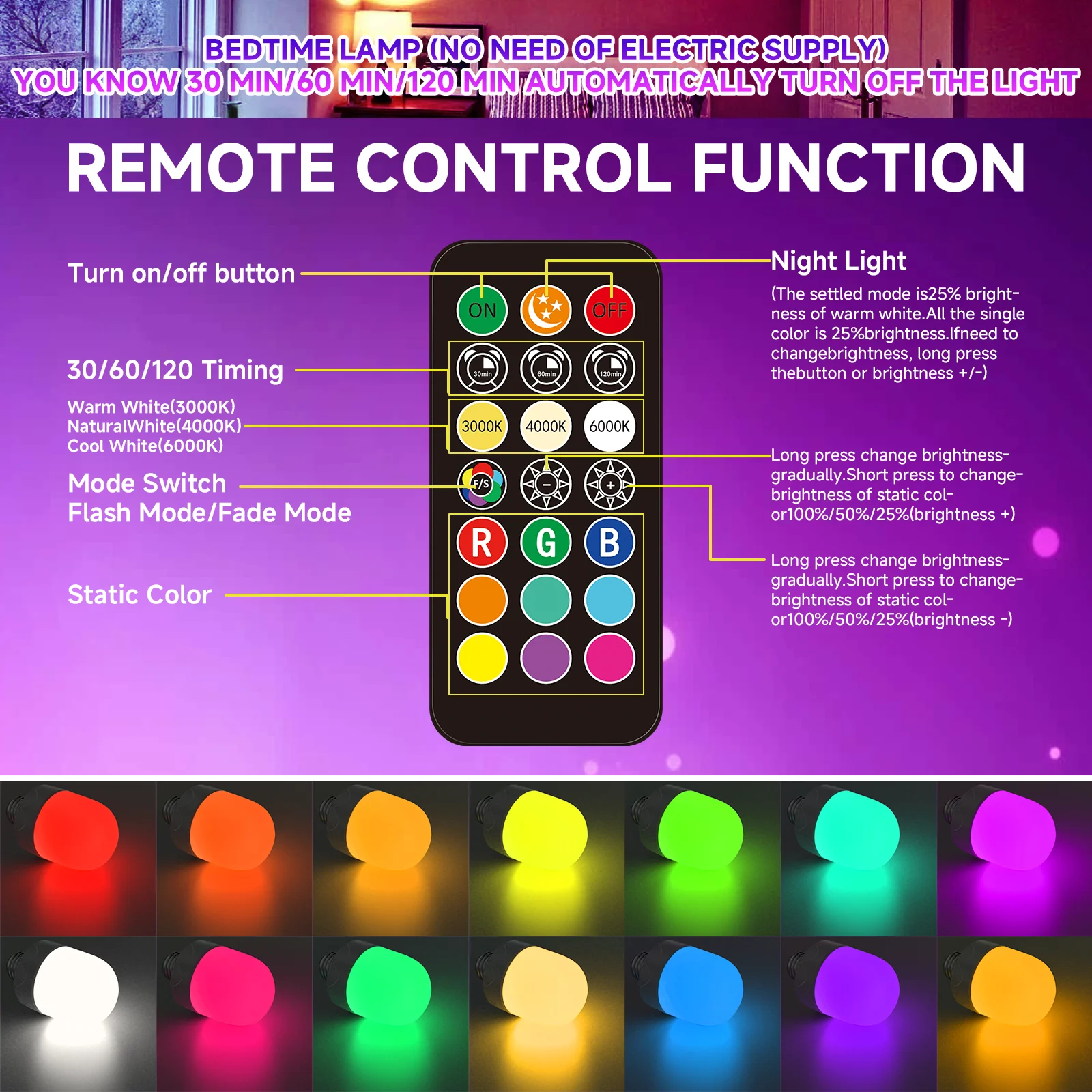 Żarówka RGB z możliwością ładowania, sterowana pilotem, E27, zasilana bateryjnie, do lamp ściennych i wiszących bez konieczności okablowania. — zdjęcie 7