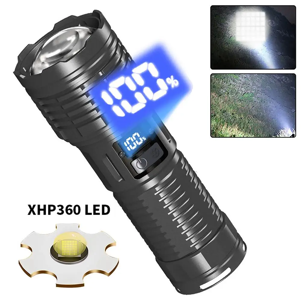 Linterna multifuente de luz resistente al agua, 60W + 30led, pantalla Digital multifuncional, XHP360 + 30LED, deportes, Camping, novedad