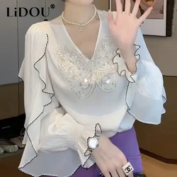 Spring Summer V-neck Butterfly Sequined Ruffles Long Sleeve Shirt Ladies Elegant Fashion Pullover Blouse Women's Clothing Top