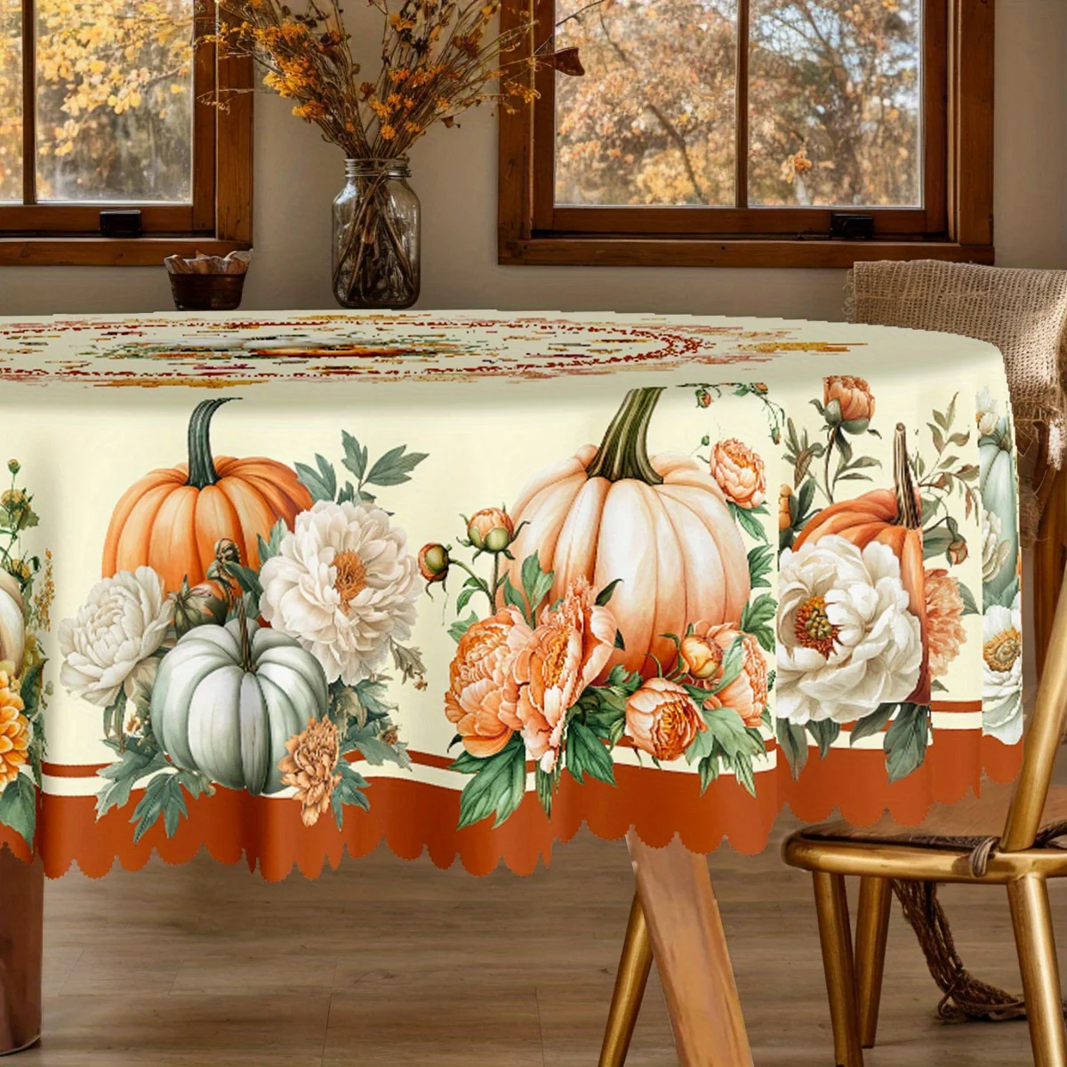 1 piece, polyester tablecloth, autumn Thanksgiving-themed party tablecloth, autumn harvest pumpkin and maple leaveszyc
