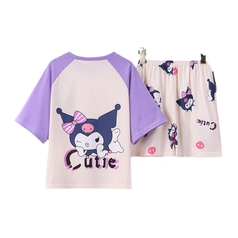 Pijama feminino de manga curta Sanrio, puro algodão, gola redonda, terno fino, roupa de casa, Kuromi, My Melody, Girls Gift, novo, verão