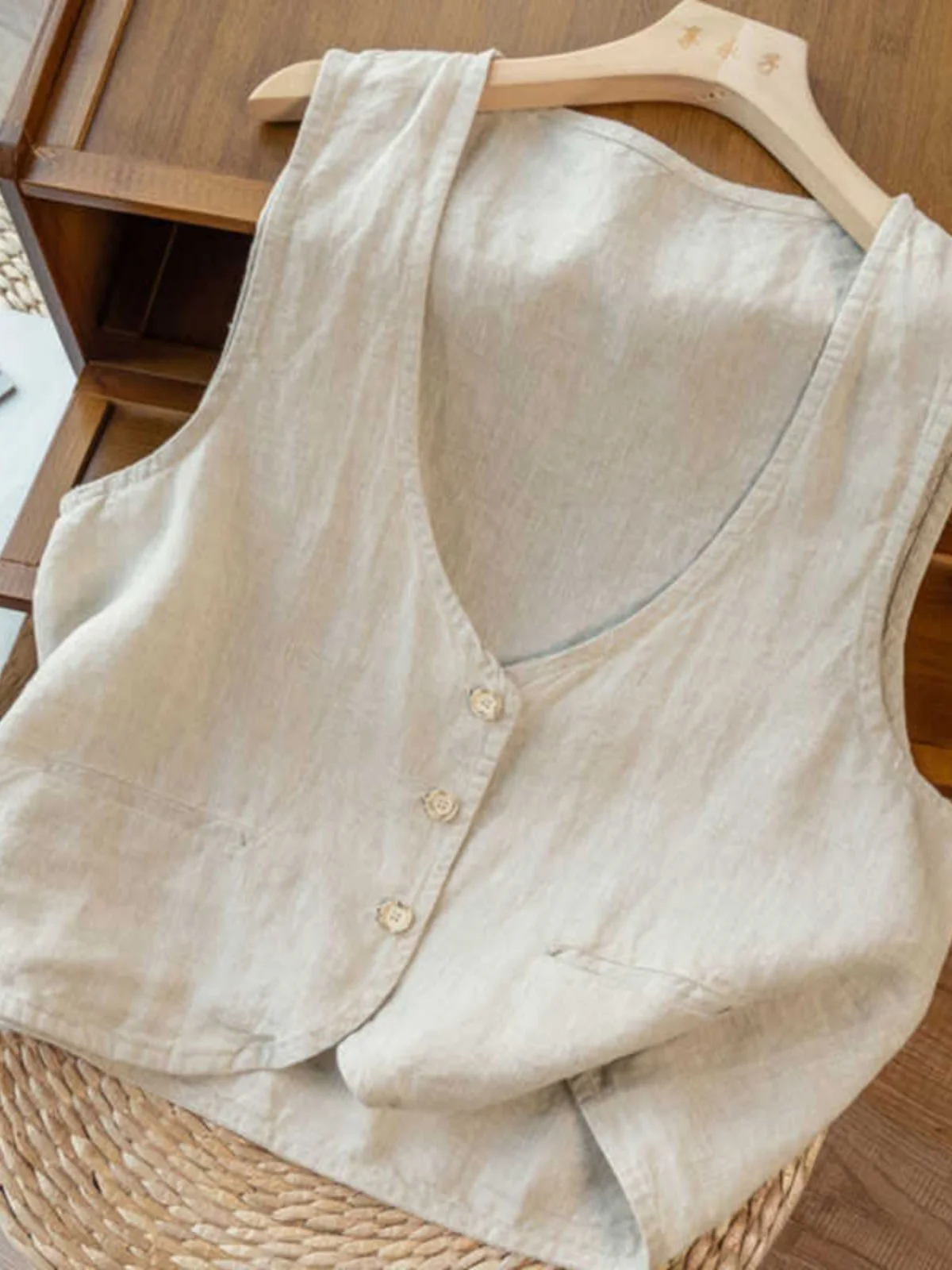 

Summer Thin ort Svel Linen Jaet Women's Vest Outerwear Commute Sle with ket Cotton Filled V-Ne Single Button