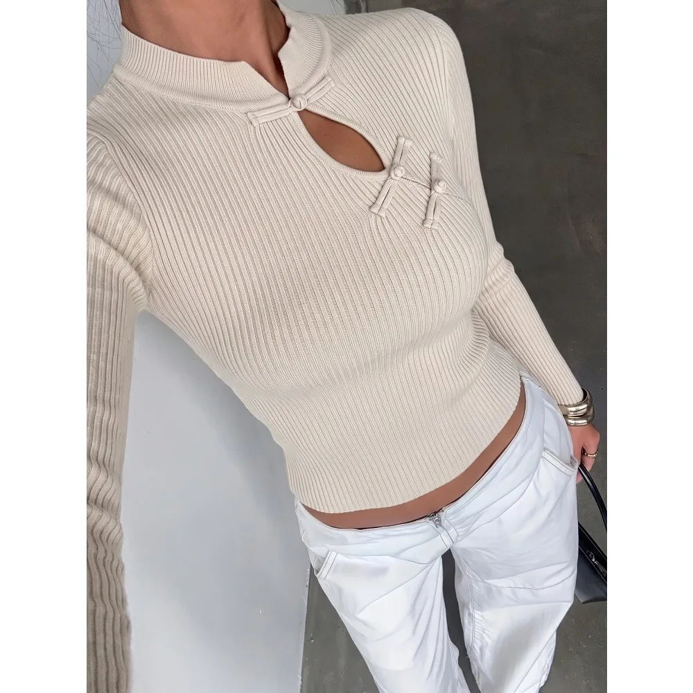 2026 New Stand-up Collar Buckle Long-sleeved Knitted Sweater Autumn and Winter National Style New Chinese Style Fashionable