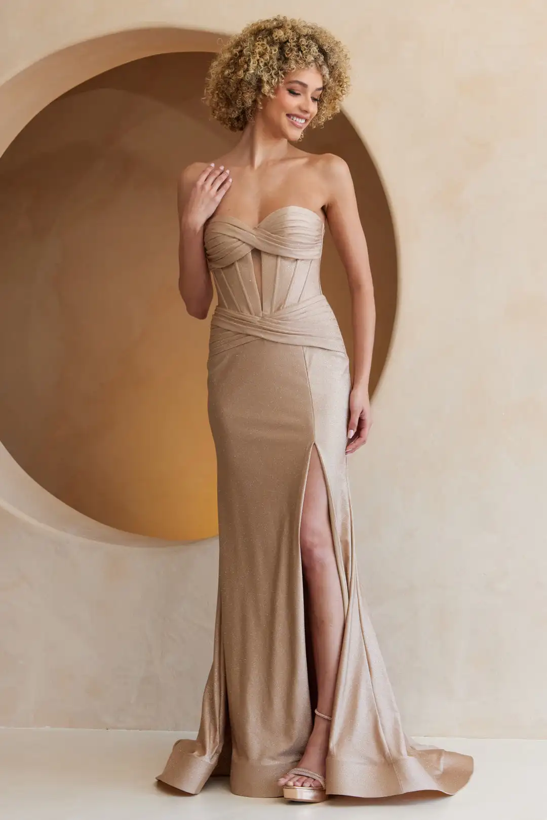

Sequin Jersey Long Strapless Bustier with Fitted Slit Skirt Prom Red Carpet After Party Wedding Guests Debutante Ball