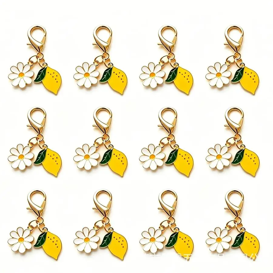 1/5/10/20/50/100pcs Fresh Lemon Daisy Combination Lobster Clasp Pendant, Pure White Small Daisies with Green Leaf Faux Lemon. Co