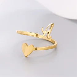 26 A-Z Letters Love Heart Opening Rings For Women Men Stainless Steel Name Alphabet Heart Finger Rings Birthday Party Jewelry
