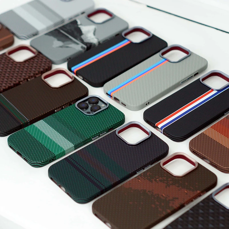

Тонкий чехол для телефона из кевларовой кожи с сетчатым узором для Iphone 16/15/14/13 Pro Max с зарядкой Magsafe, металлический ободок для объектива, крышка с кнопкой