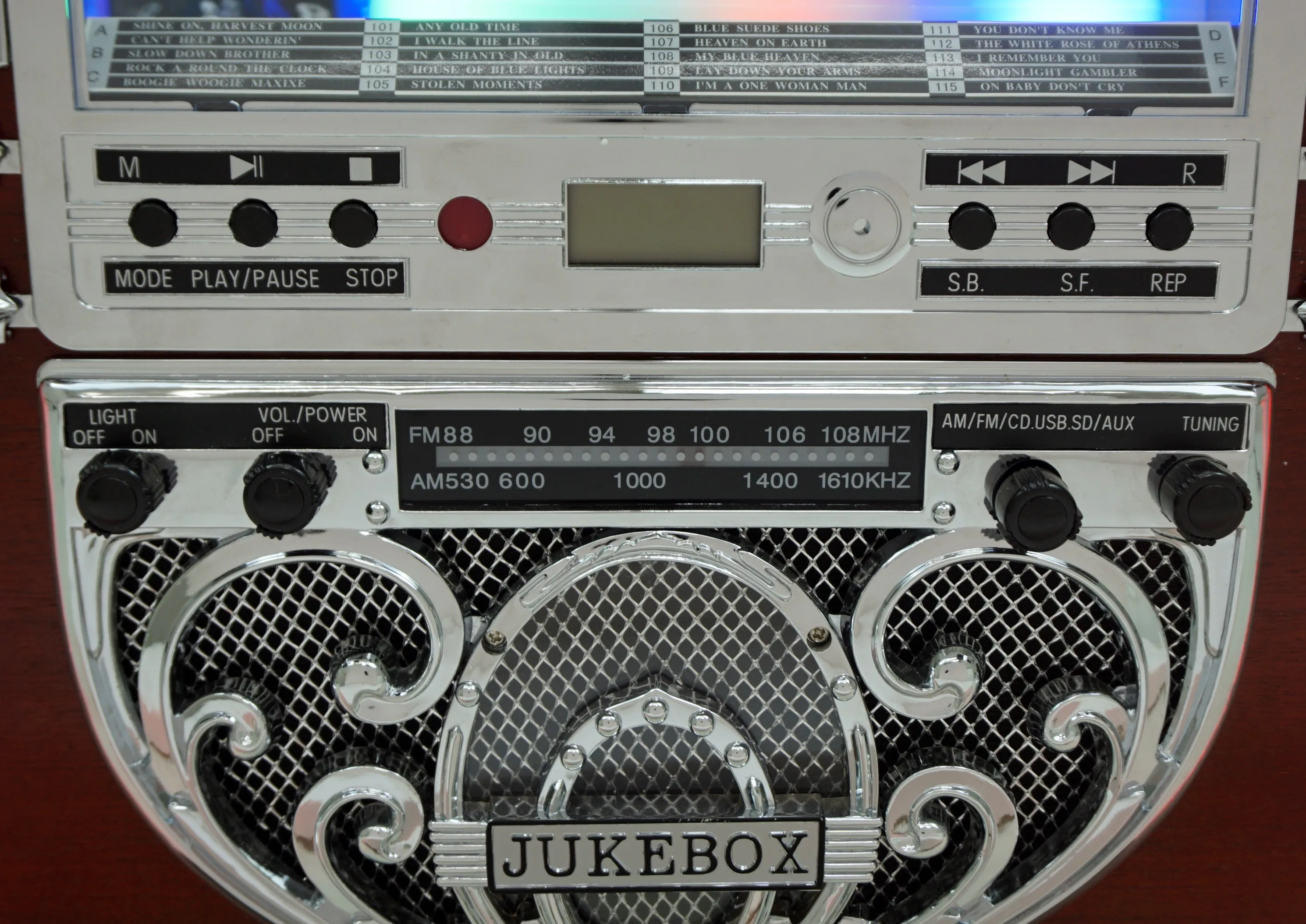 The tabletop jukebox features a rounded rectangular design, allowing for customizable colors and lights