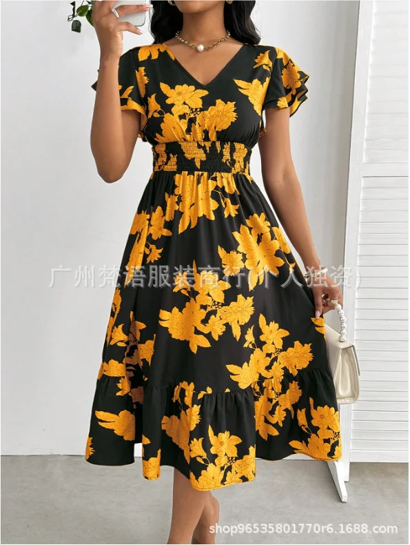 Sommermode-Kleid für Damen mit Blumendruck, V-Ausschnitt und lässigem Rüschenrand, kurzen Ärmeln, Rüschenärmeln, mittellanges Kleid