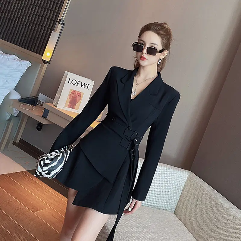 Korean Edition Black Mini Party Suit Dress Women\'s One Piece Office Elegant Dress Fashion Belt Design Long Sleeve Dress