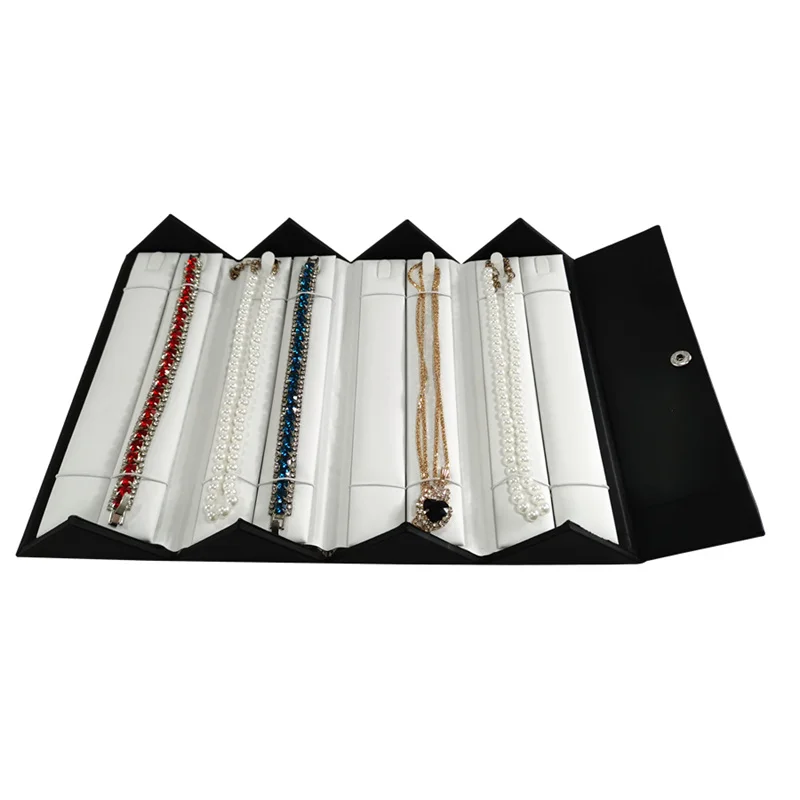 Portable Foldable Jewelry Storage Box Black Leather Outer and White Leather Inner Jewelry Box Rings Necklace Pendant Container