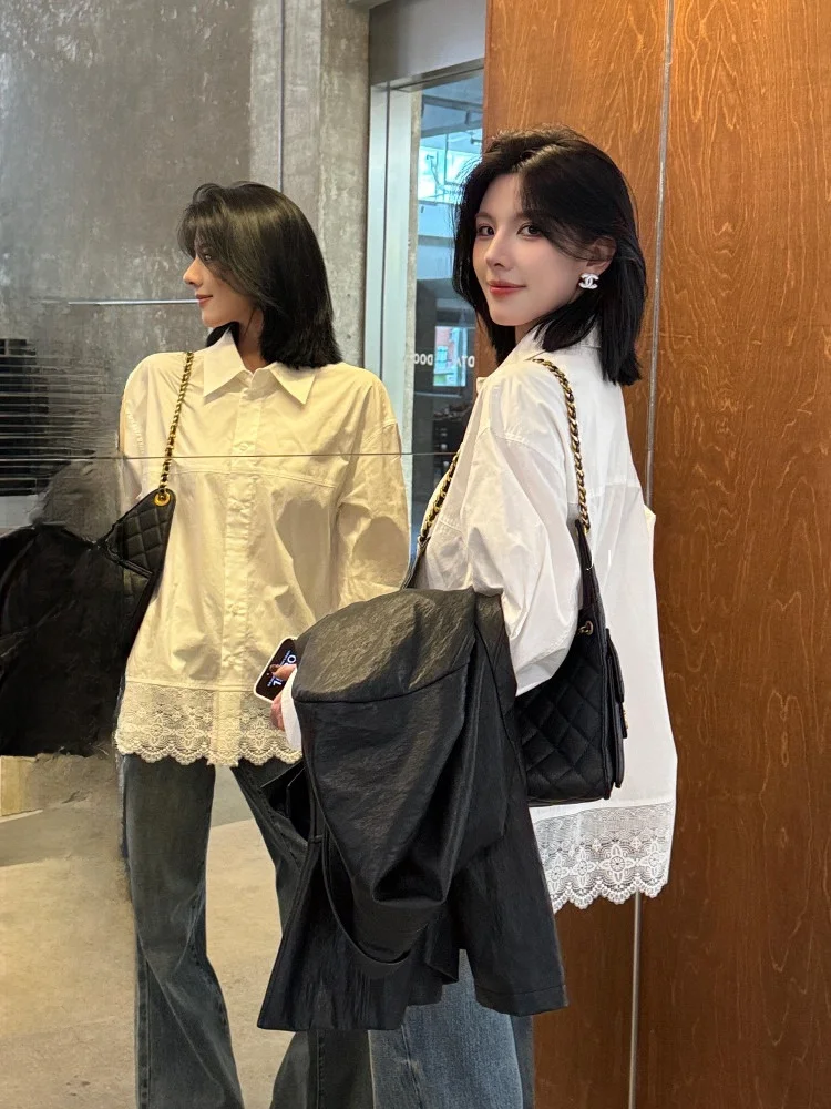 

White Lace Embroidery Shirt Loose Outerwear with Hem Trim French Style Cotton Blend Sun Protection Long Sleeve Casual Top
