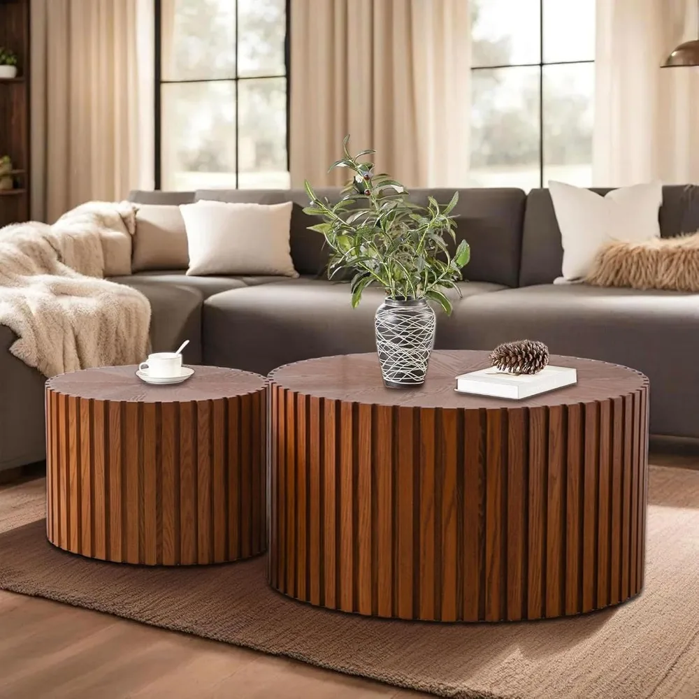 

Handcraft Round Nesting Coffee Table - Chic Wave Stripe Edge, Modern Stylish Walnut Wooden Circle Fluted Center Table For Living