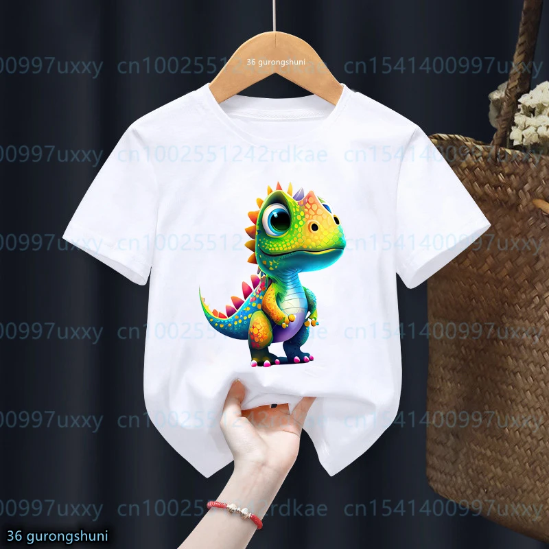 Camiseta con estampado de dinosaurio colorido para niños, ropa Harajuku de manga corta, Tops para niños pequeños, novedad de verano