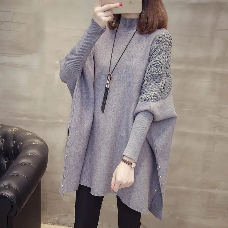 Mid length Bat Shirt Half High Neck Sweater Knitted sweater Autumn/Winter New Loose Oversized Cape Coat