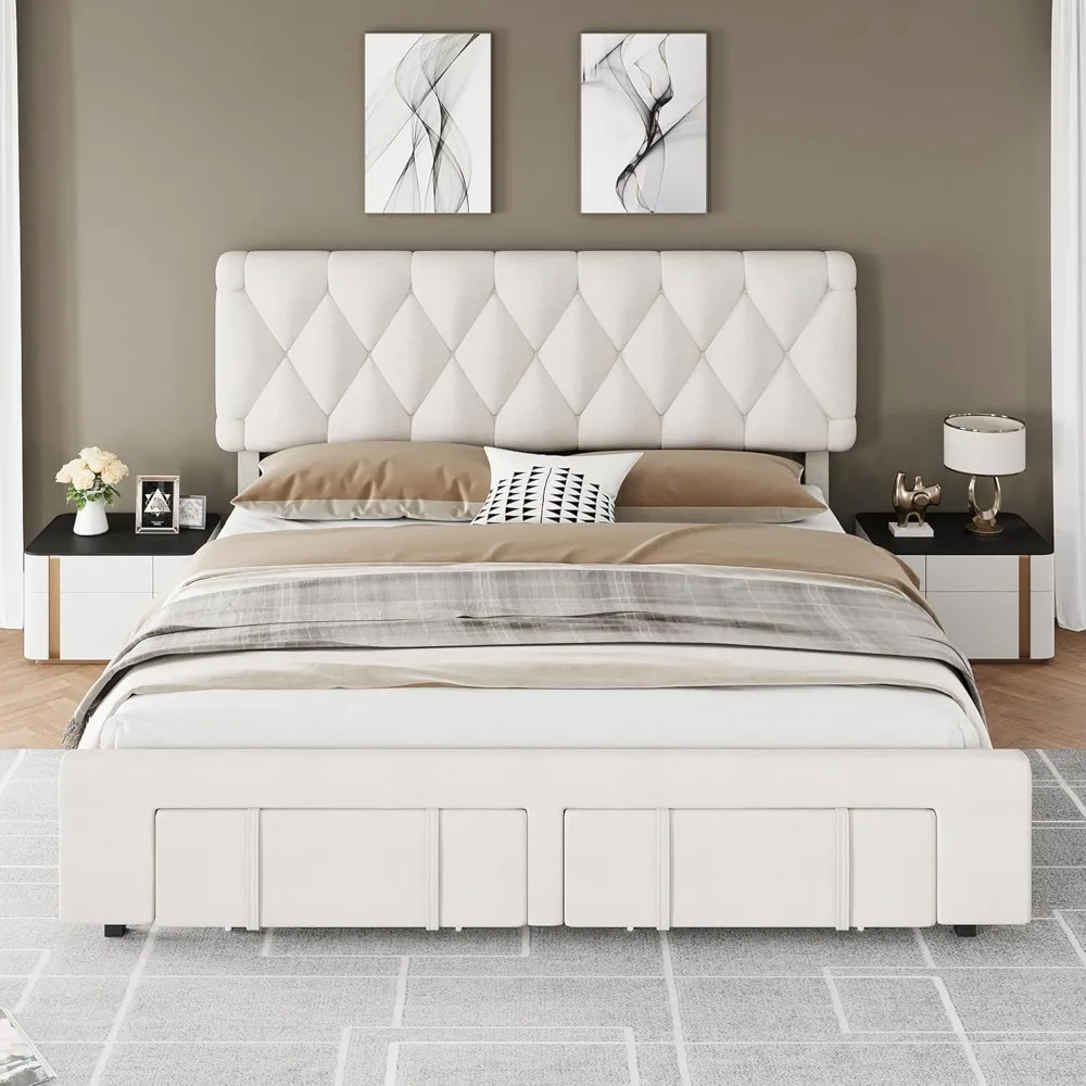 

Bed Frame Storage Drawers, Mattress Foundation with Solid Wooden Slats Support, No Box Spring Needed, Bedroom Furniture