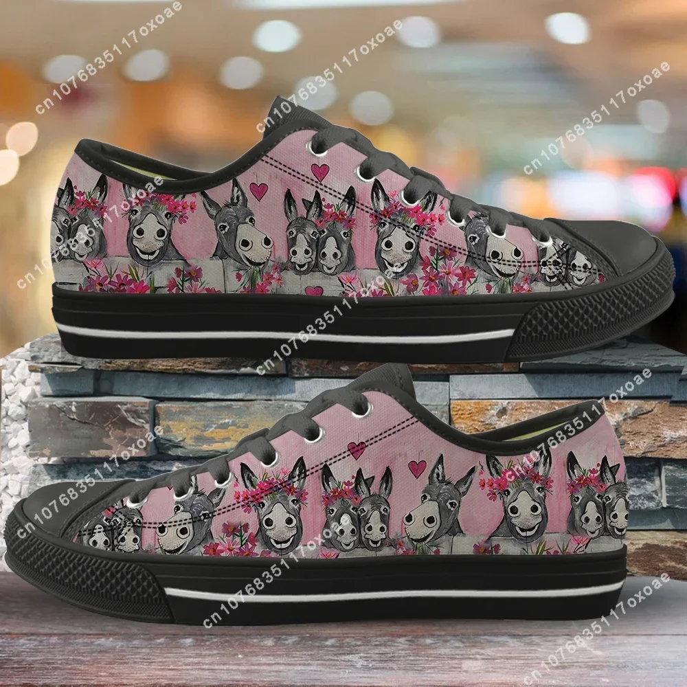 Woman Low Top Canvas Shoes Donkey Family 3D Cute Pattern Ladies Shoes Lace Up Sneakers