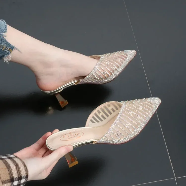 2024 Mesh Slippers Women New Summer Shoes Women Fashion Pointed Slides Spike Heels Beige Mules Shoes High Heels 42