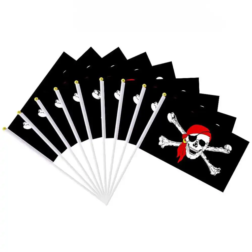 10PCS/LOT Black Pirate Flag Jolly Roger Skull And Crossbones 14x21cm Mini Plastic Stick Hand Waving Halloween Home Party Decor
