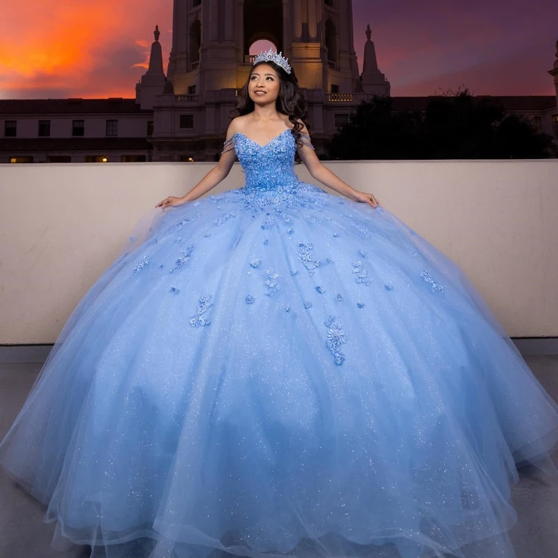 

Customized Sky Blue Quinceanera Dresses Ball Gown Off The Shoulder Applique Lace Tull Party Birthday Sweet 16 Vestido De 15 Anos