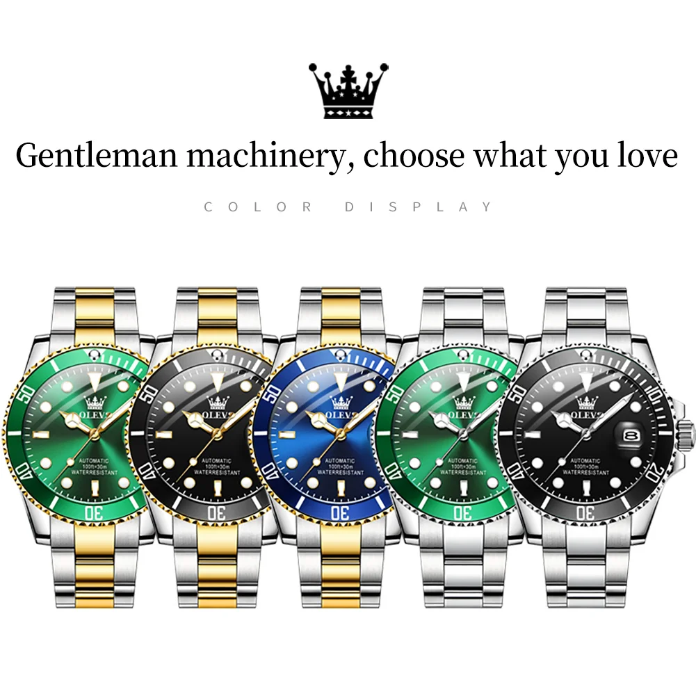 OLEVS-reloj mecánico totalmente automático para hombre, pulsera de marca de lujo con esfera verde, correa de acero inoxidable, resistente al agua,