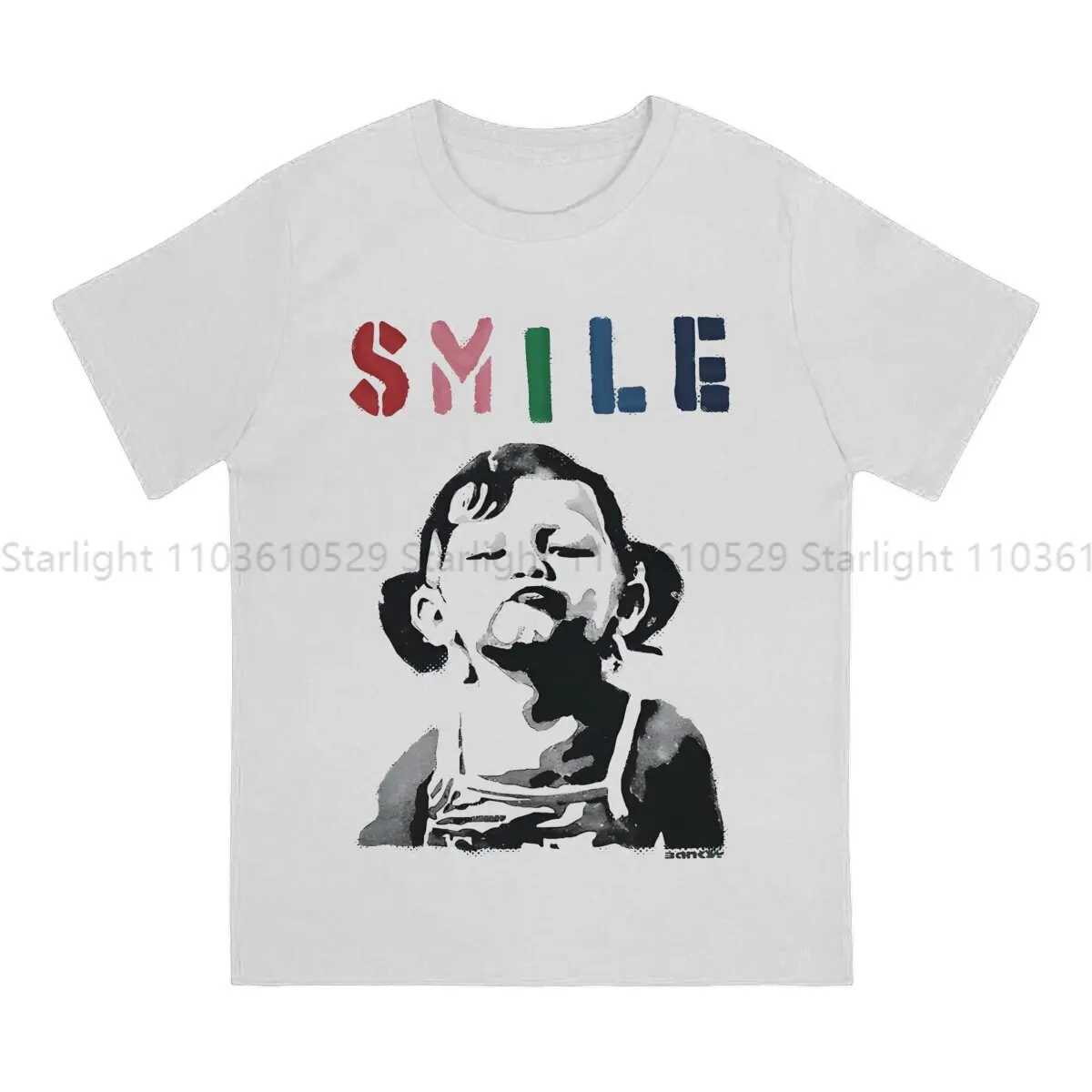 Not Smiling Girl Man's TShirt Banksy Art O Neck Short Sleeve T Shirt Funny Gift Idea