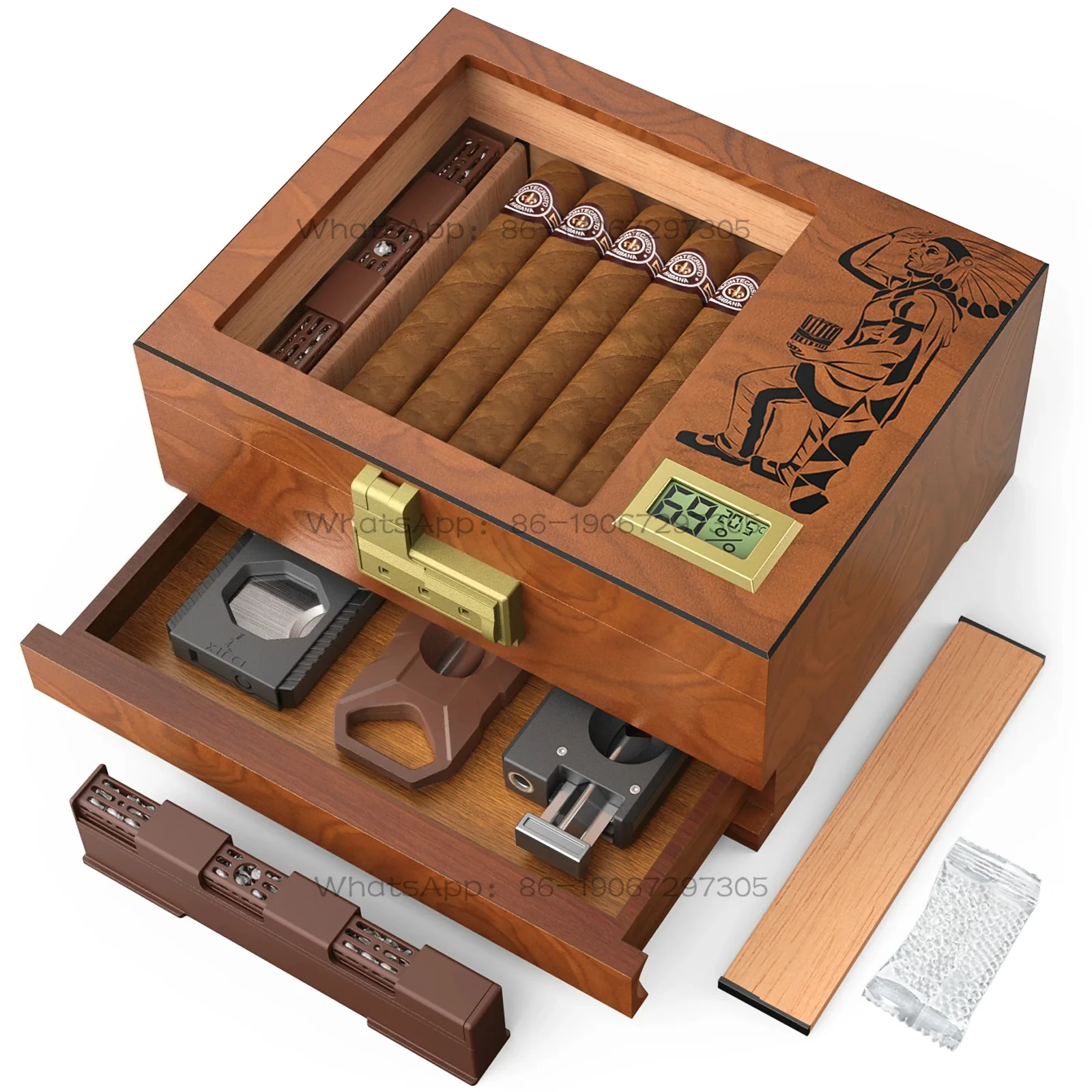 

Cigar Humidor Box,Cedar Wood Desktop Case with Digital Hygrometer,Humidifier,Divider,Accessories Drawer & Combination Lock