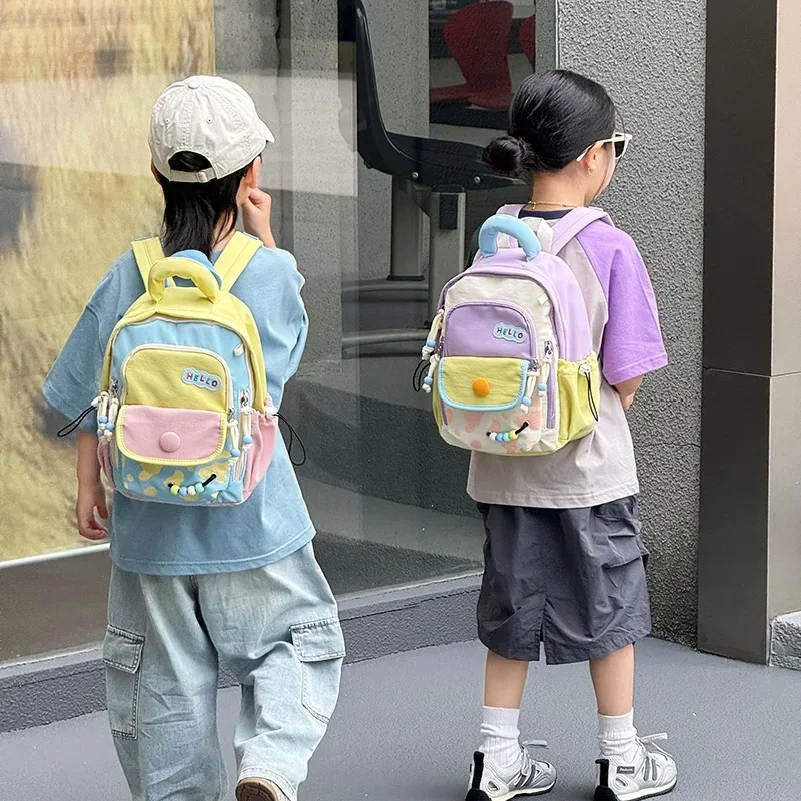 Korean Style Color Block Kindergarten Backpack Lightweight Cute Cartoon Print Fashion Portable Kids Student School Bag