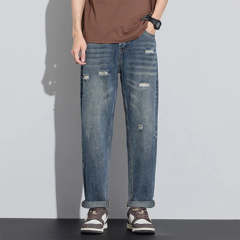 

2025 New Stretch Ripped Jeans Men Korean Vintage Streetwear Distressed Denim Pants Personality Hip Hop Trousers Male Trendy Bran
