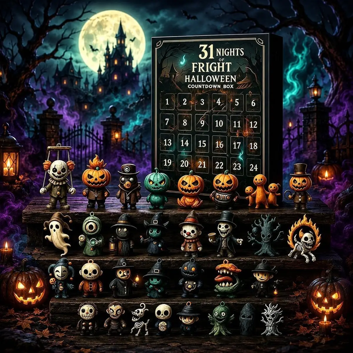 Halloween Advent Calendar 2026 31 Days Countdown with 31 Mini Spooky Figurines Creepy Doll Charms Scary Box for Holiday Gift