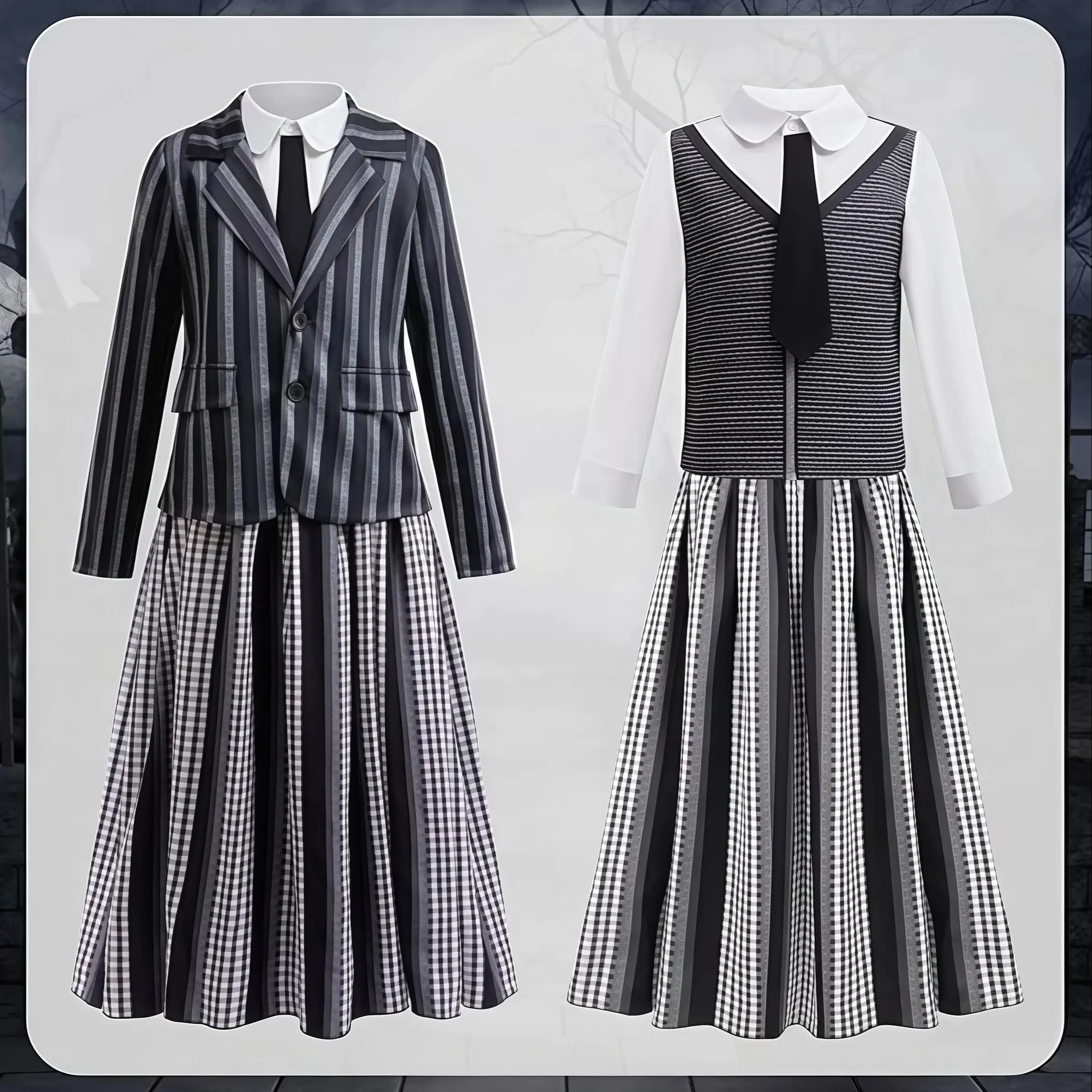 زي مدرسي للأطفال البنات أكاديمية زي تنكري أسود ورمادي فستان مخطط للعائلة الأربعاء والهالوين مجموعات حفلات أعياد الميلاد