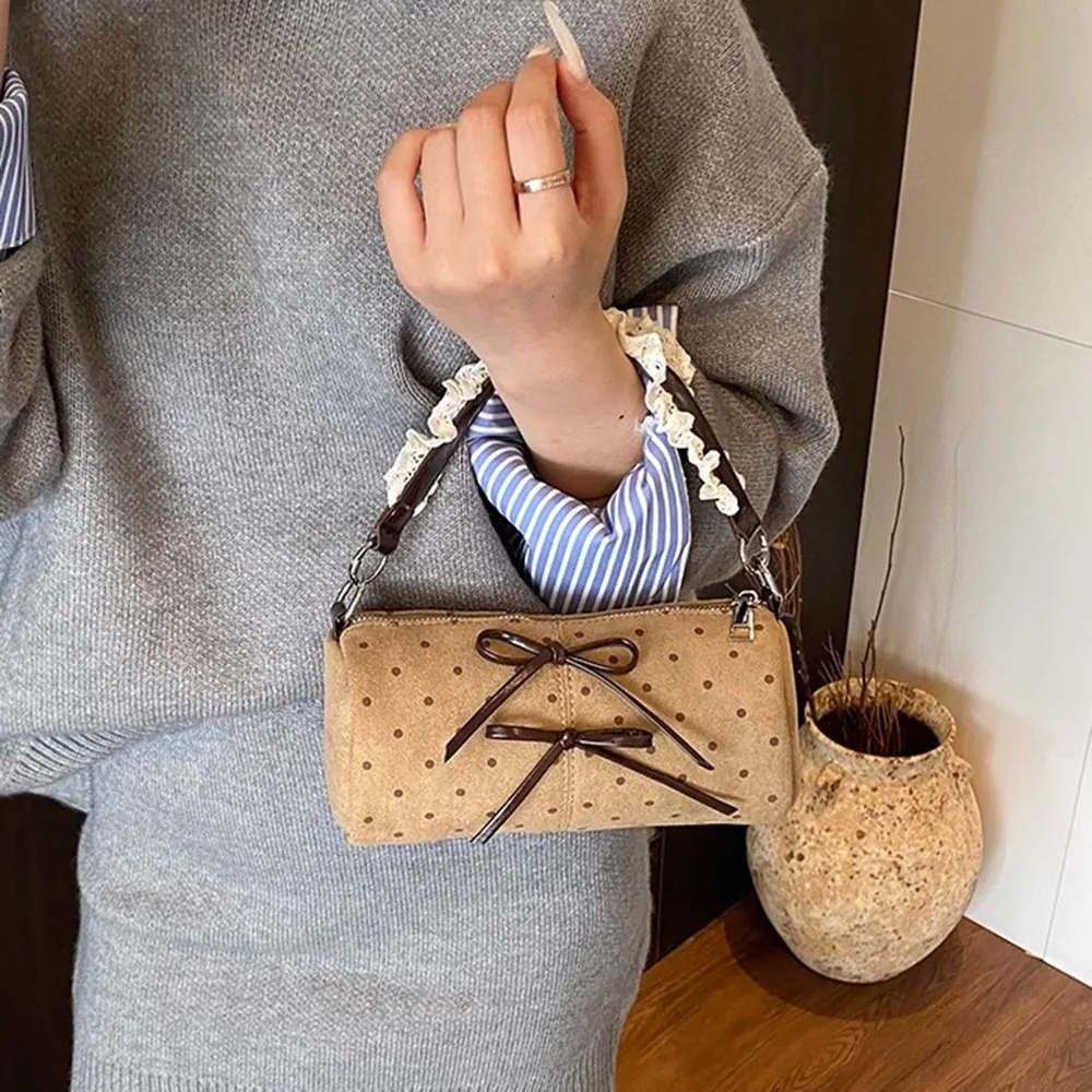 

Wave Point Matte Handheld Cylinder Bag Bow Decor Design Bag for Women New Autumn Winter Retro Single Shoulder Crossbody Bag