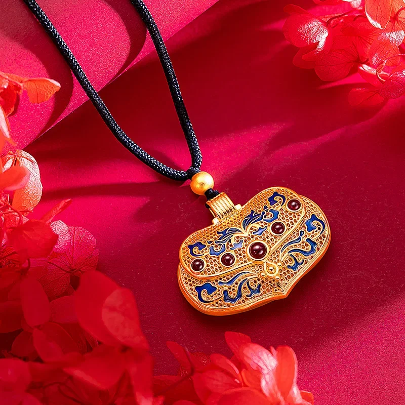 9999 Real Gold 24K Ancient Filigree Hollow Enamel Bag Pendant Gold Ethnic Wind Filigree Burning Blue Can Be Opened Bag Pendant