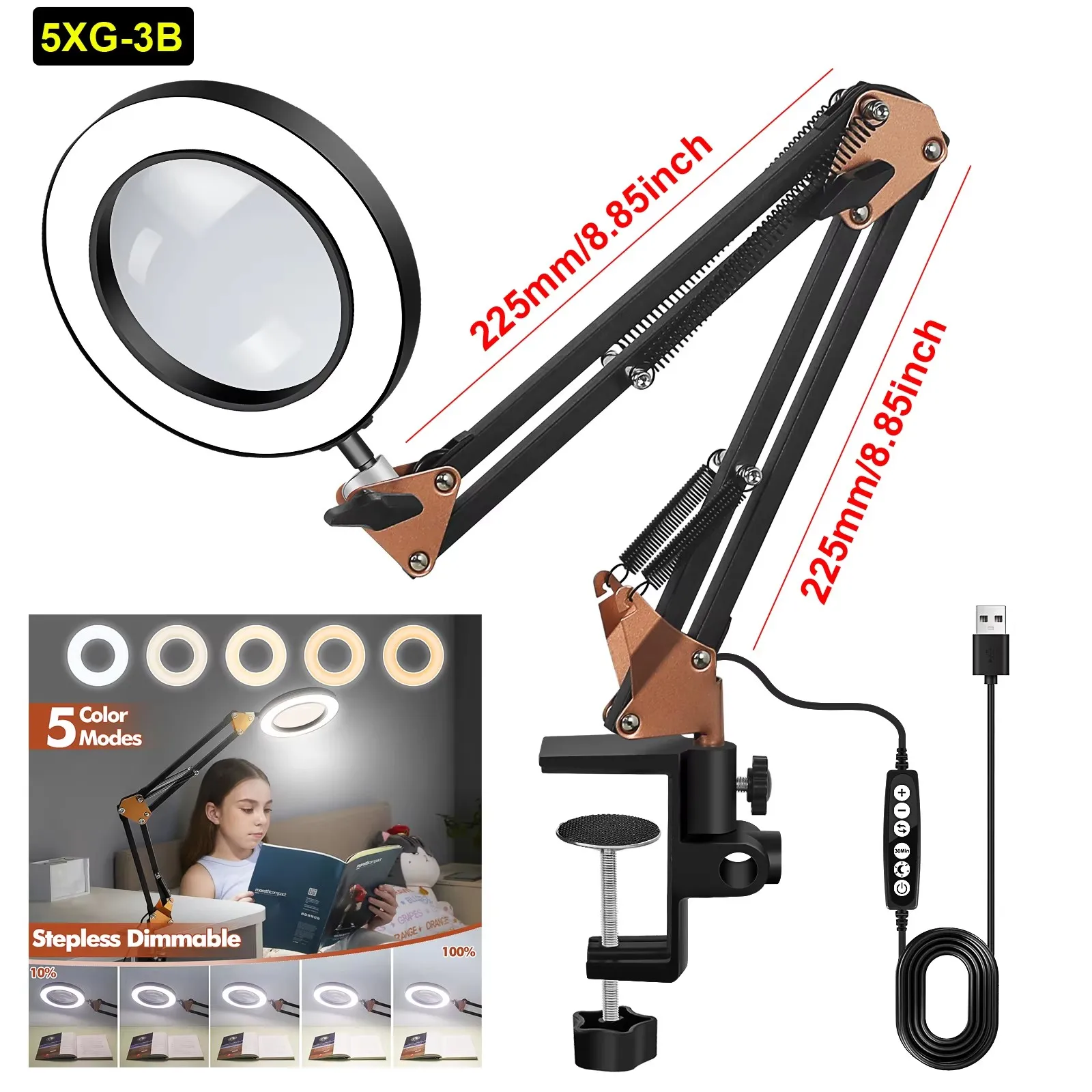 NEWACALOX 5X Magnifying Glass with Light Flexible Gooseneck LED Desk Lamp 3 Color Modes Stepless Dimmable Magnifying Light