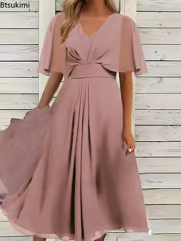 2026 Women's Evening Party Dress Plus Size Long Elegant A Line V Neck Ruffles Chiffon Formal Wedding Dress Robe Dazzling Dress
