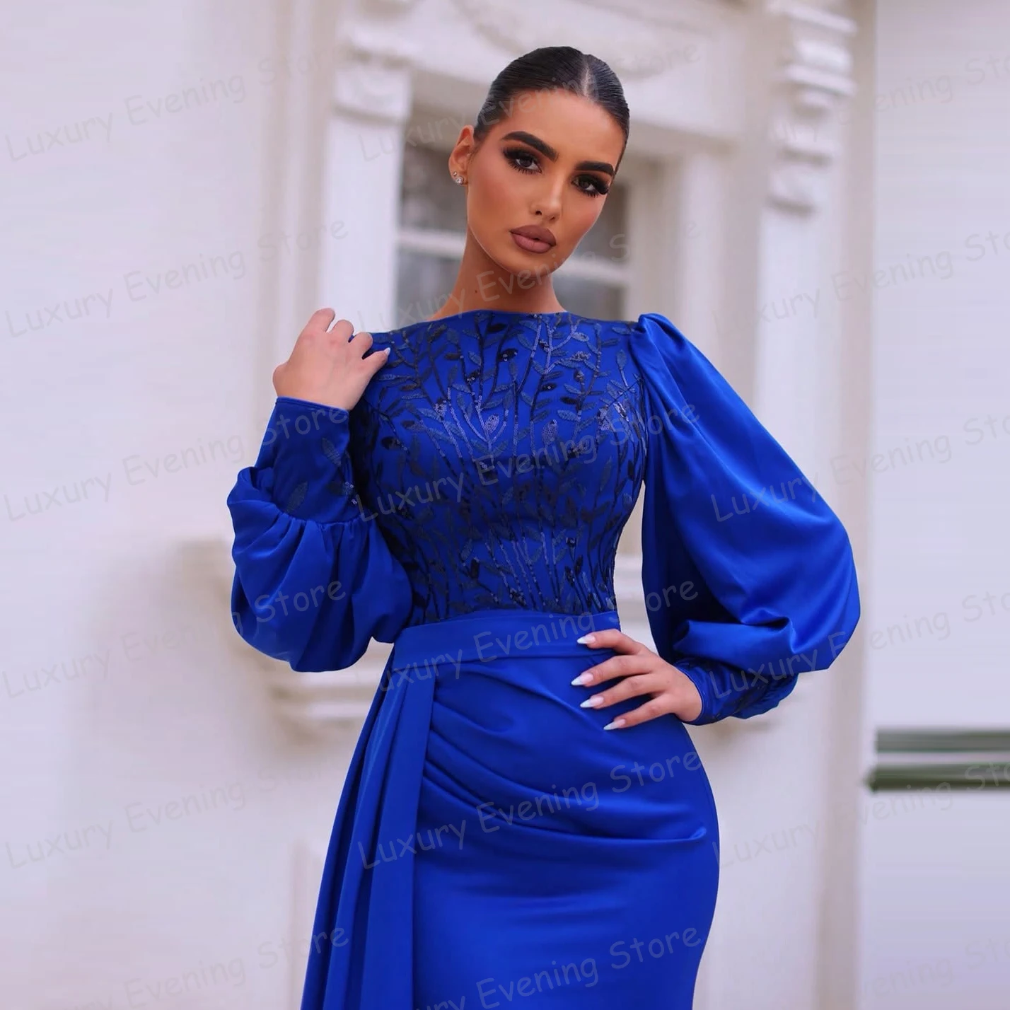 ชุดราตรีสีน้ำเงินเรียบง่าย ชุดเดรสทรงเมอร์เมดแขนยาวสำหรับผู้หญิง ชุดราตรีงานพรอมประดับลูกไม้ ชุดออกงานทางการ ชุดแต่งงานแบบสั่งตัด