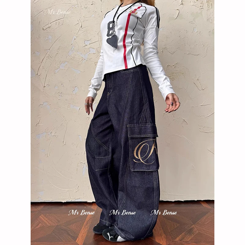 ZHIZOU 女性ブルー Y2k ジーンズだぶだぶ刺繍ジーンズパンツヴィンテージ原宿美的 2000 年代スタイルオーバーサイズデニムパンツ服