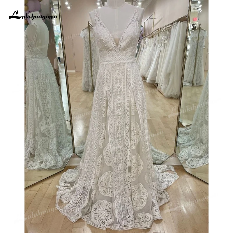 Boho A-Line Wedding Dress For Women Sexy V-neck Spaghetti Straps Open Back Bride Gown Lace Sweep vestido de novia robe de mariée